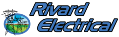 A simple logo consisting of electrical towers in front of rolling green hills, brown mountains and blue sky. The text reads Rivard Electrical.